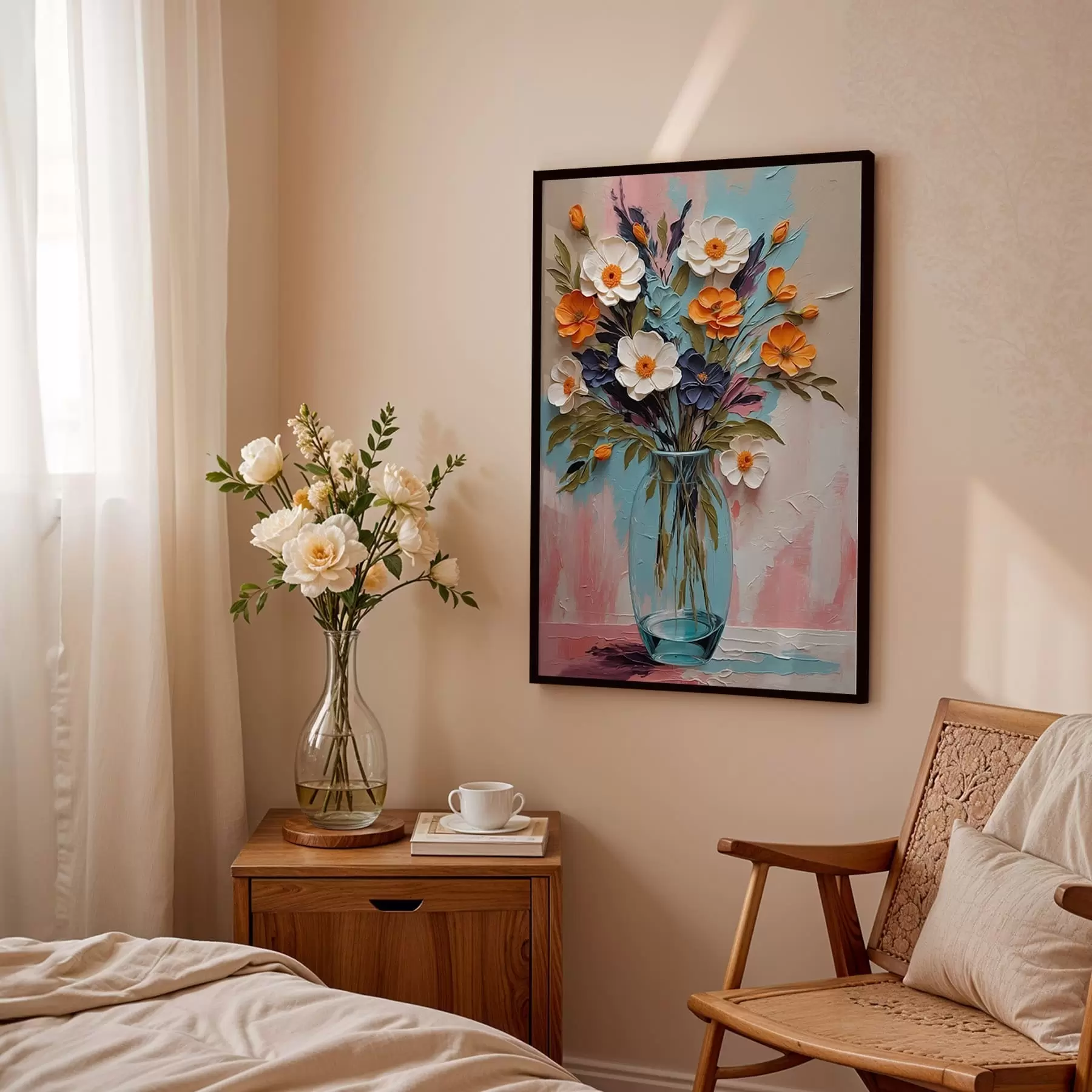 Fotobehang Bloemenboeket in een glazen vaas tegen een kleurrijke achtergrond f48488