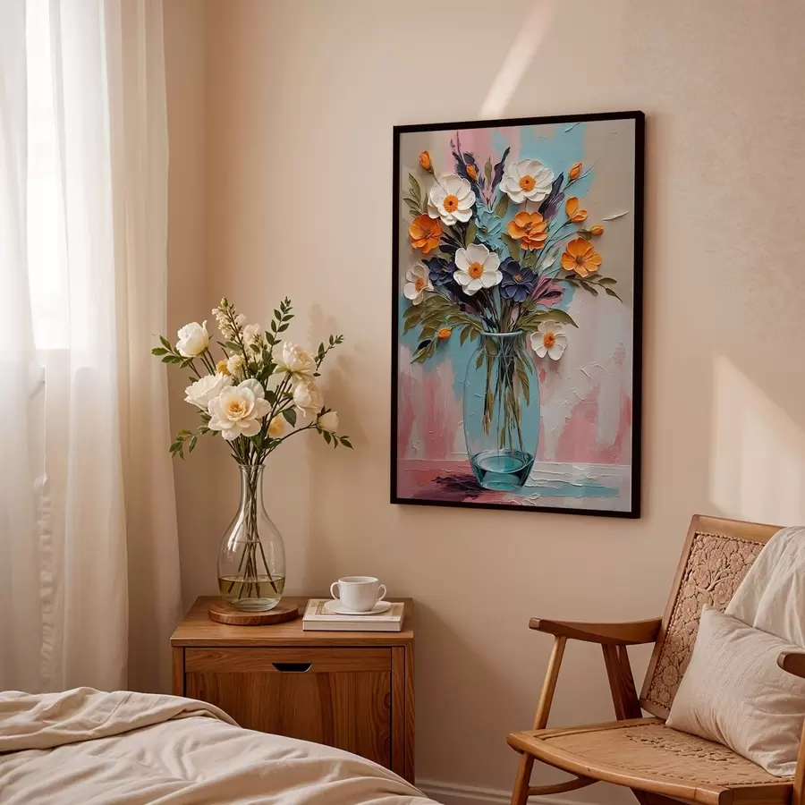 Fotobehang Bloemenboeket in een glazen vaas tegen een kleurrijke achtergrond f48488