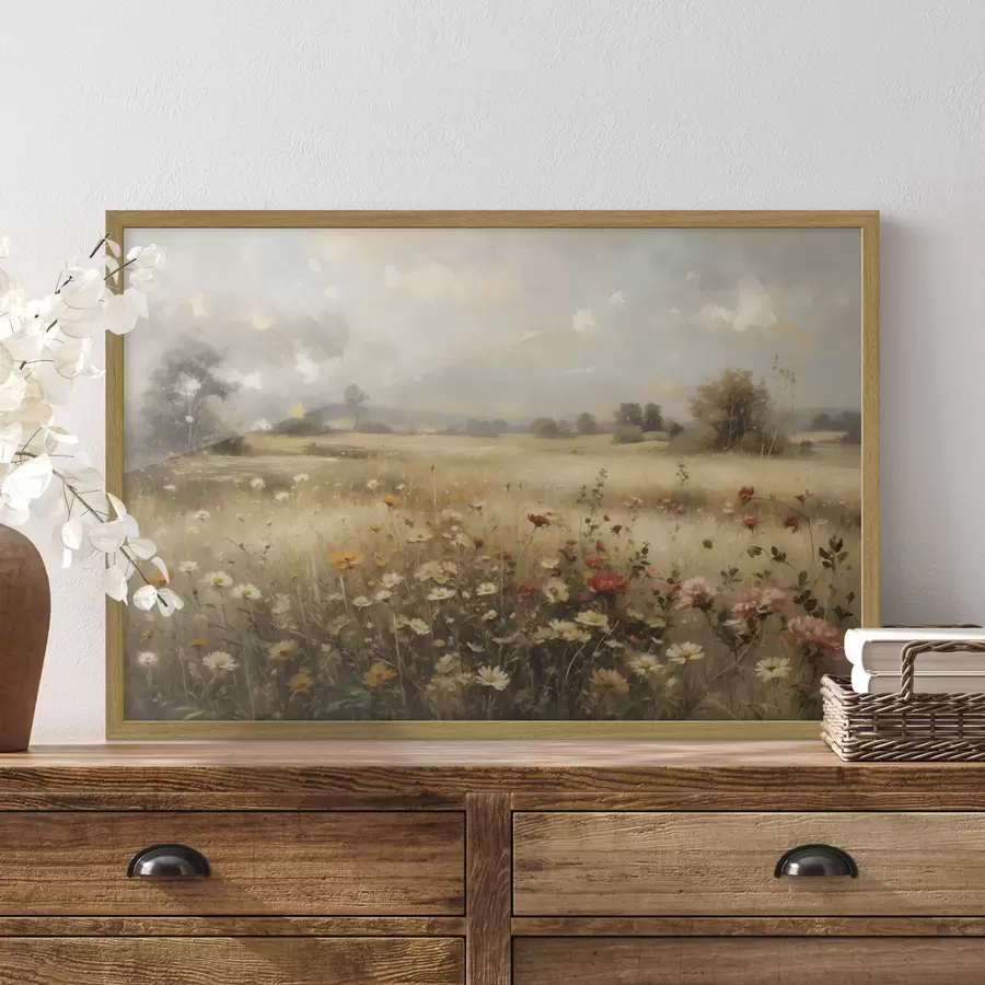 Fotobehang Een veld met wilde bloemen in zacht licht f48491