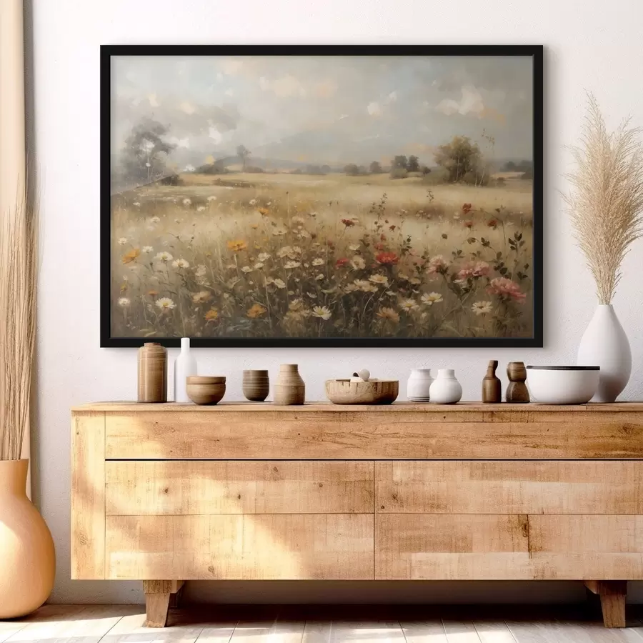 Fotobehang Een veld met wilde bloemen in zacht licht f48491