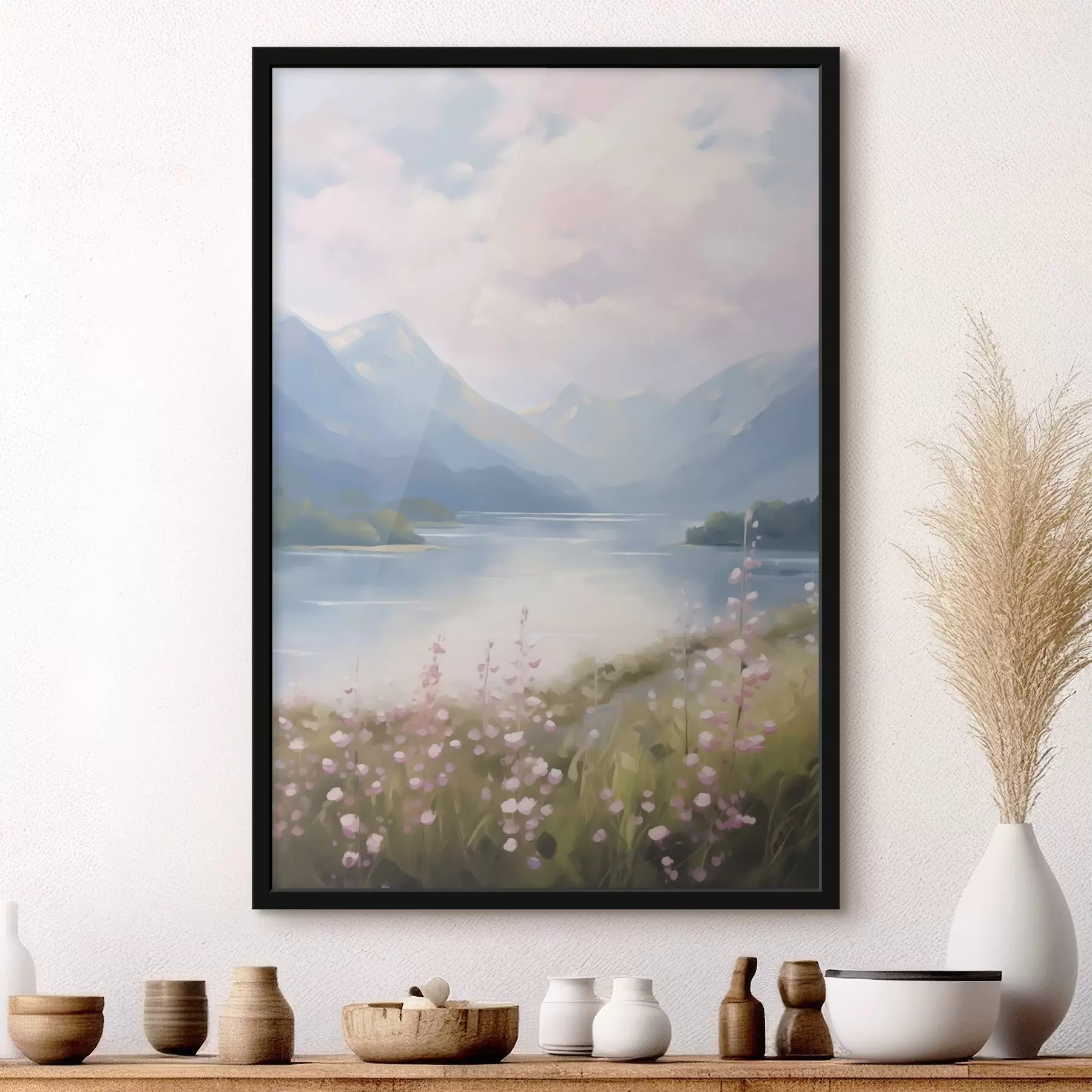 Fotobehang Schilderij met een afbeelding van een bergmeer f48504