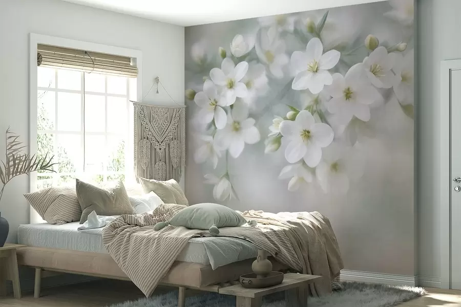 Fotobehang Fijngestructureerde witte bloemen die zachtjes vervagen op de achtergrond w09759