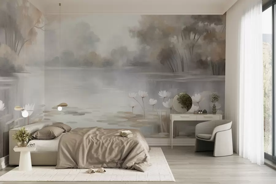 Fotobehang Een landschap met reliëf, een meer met witte waterlelies, omringd door bomen in gedempte kleuren w09768