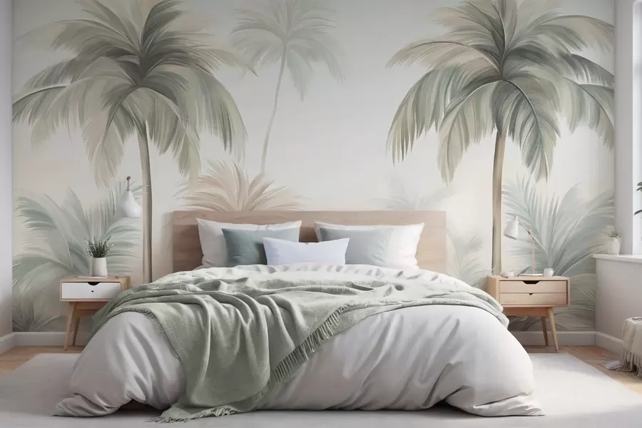 Fotobehang Palmbomen met een gestructureerd blad, waarvan de bladeren in gedempte groene en beige tinten tegen een zachte lucht afsteken w09770