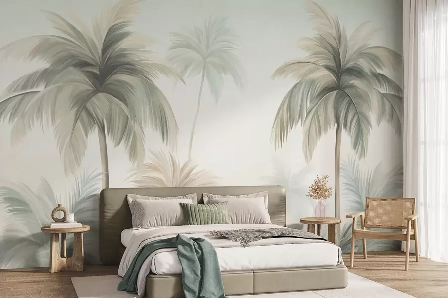 Fotobehang Palmbomen met een gestructureerd blad, waarvan de bladeren in gedempte groene en beige tinten tegen een zachte lucht afsteken w09770