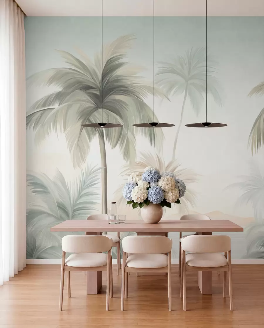 Fotobehang Palmbomen met een gestructureerd blad, waarvan de bladeren in gedempte groene en beige tinten tegen een zachte lucht afsteken w09770
