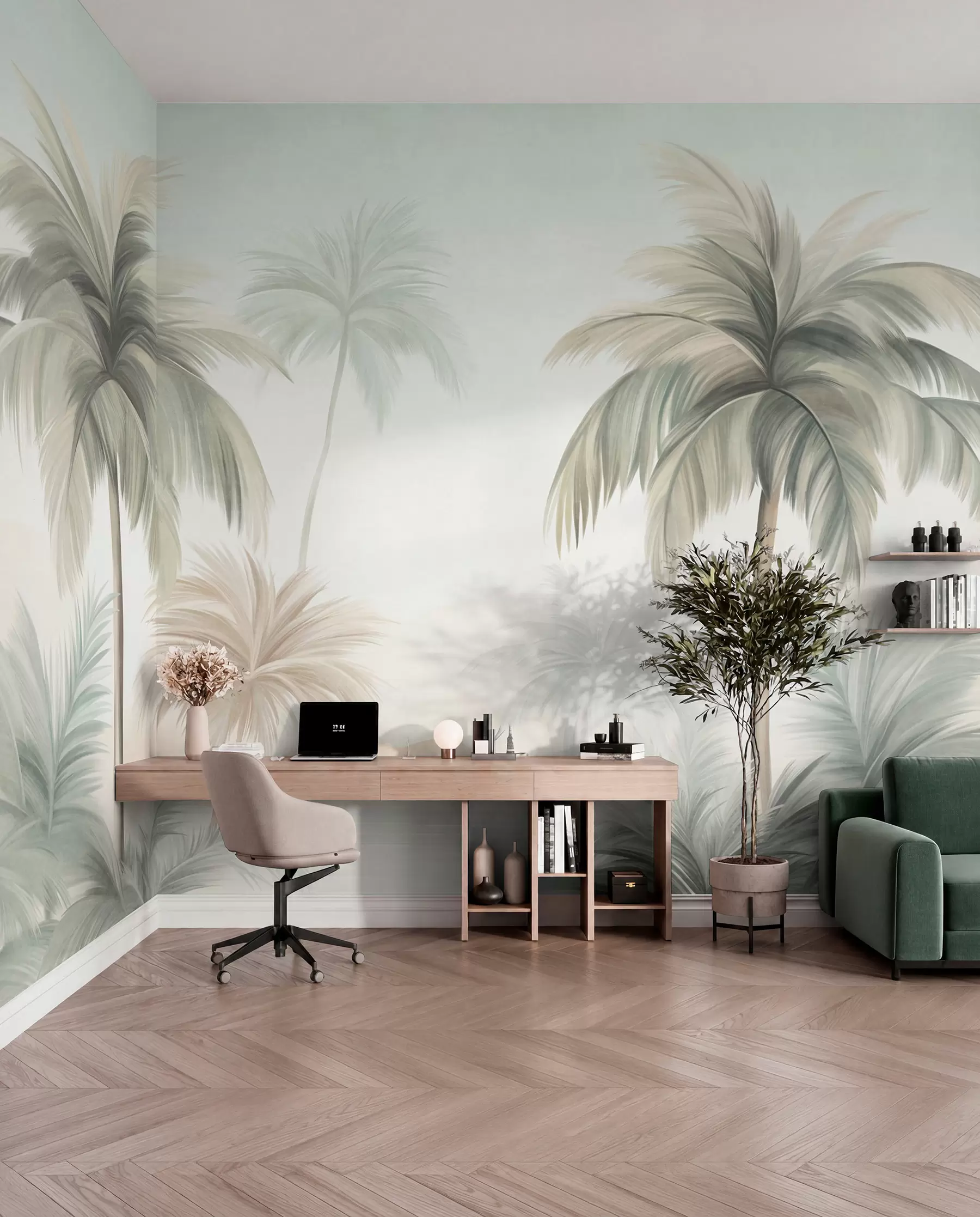 Fotobehang Palmbomen met een gestructureerd blad, waarvan de bladeren in gedempte groene en beige tinten tegen een zachte lucht afsteken w09770