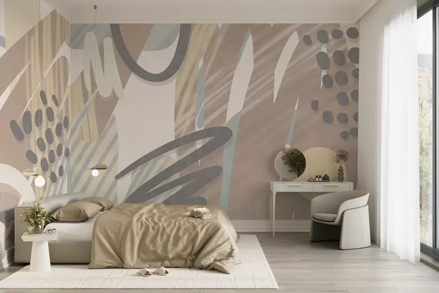 Fotobehang Abstracte print met textuur, bestaande uit organische vormen, krabbels en stippen in zachte pasteltinten w09774