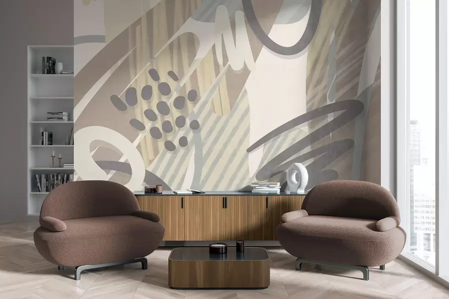 Fotobehang Abstracte print met textuur, bestaande uit organische vormen, krabbels en stippen in zachte pasteltinten w09774