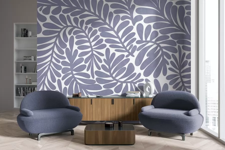 Fotobehang Gestileerde lichtblauwe bladeren tegen een lichte achtergrond, kunst met textuur w09775v1