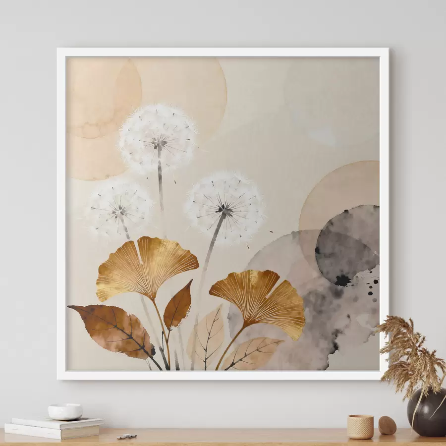Fotobehang Abstracte afbeeldingen van paardenbloemen en ginkgobladeren f48279