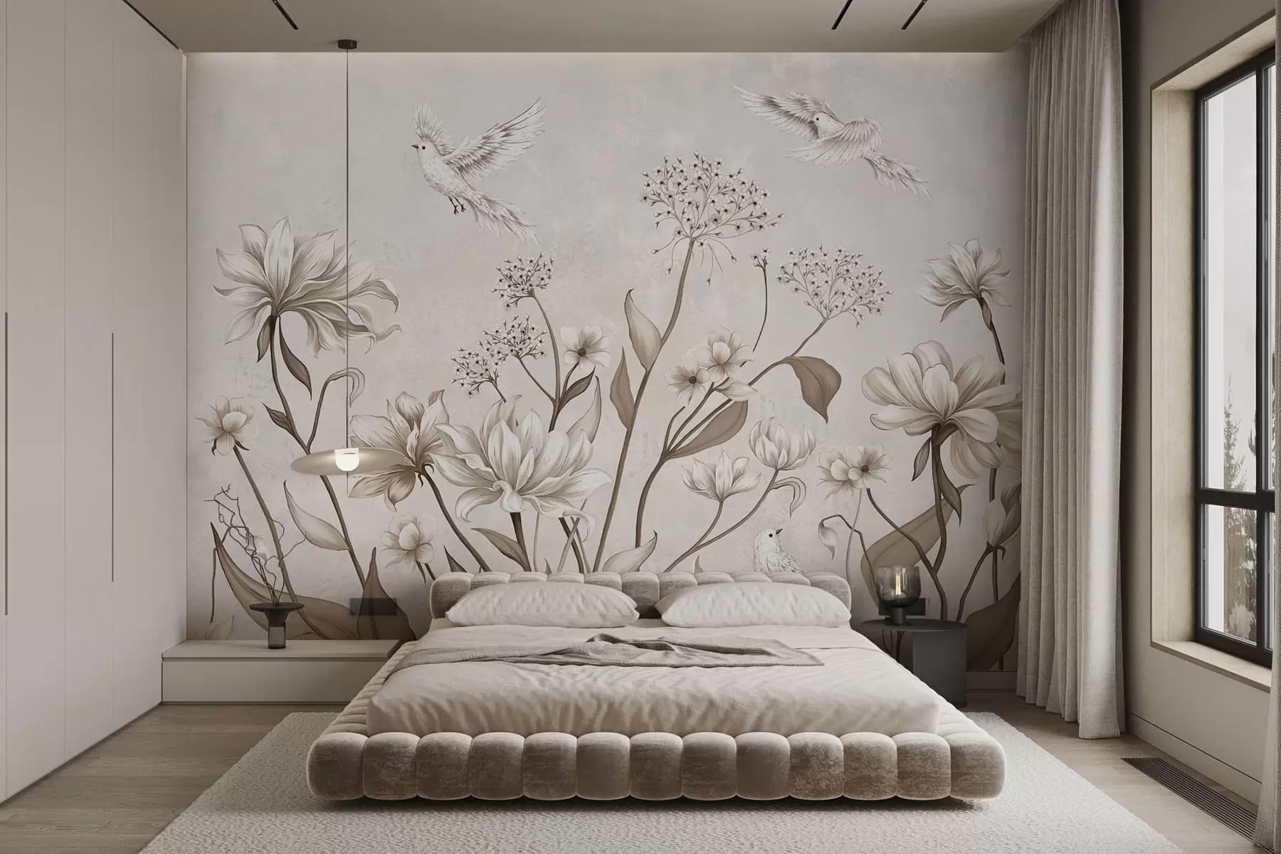 Fotobehang Lichte bloemen en vogels tegen een zachte achtergrond w05118