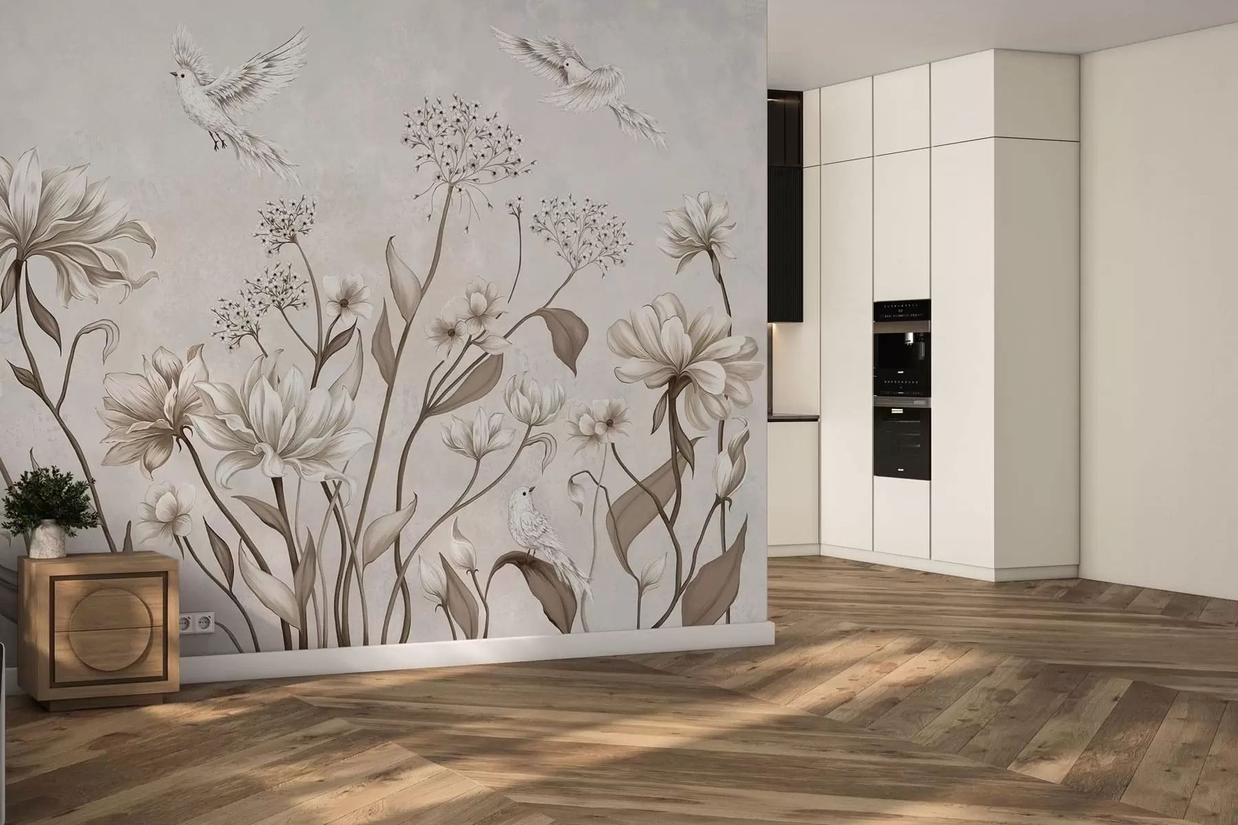 Fotobehang Lichte bloemen en vogels tegen een zachte achtergrond w05118