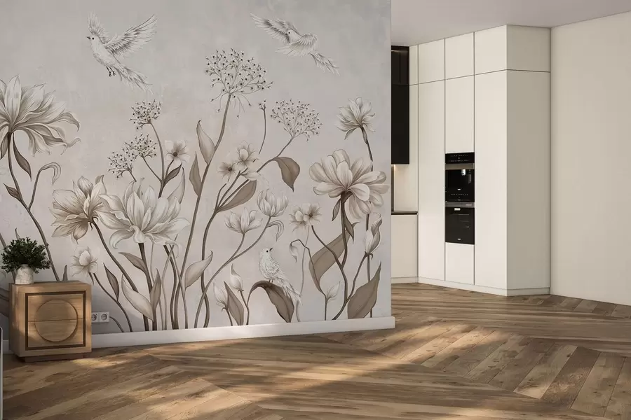 Fotobehang Lichte bloemen en vogels tegen een zachte achtergrond w05118