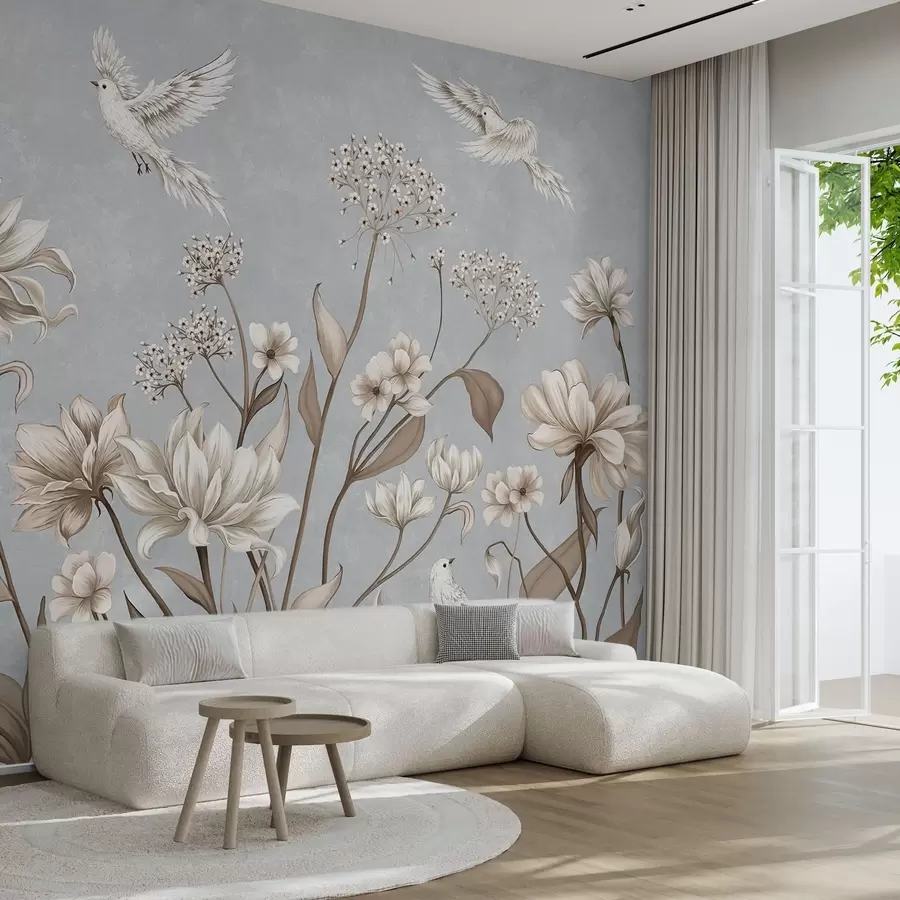 Fotobehang Bloemen en vogels op een koele grijsblauwe achtergrond w05118v2