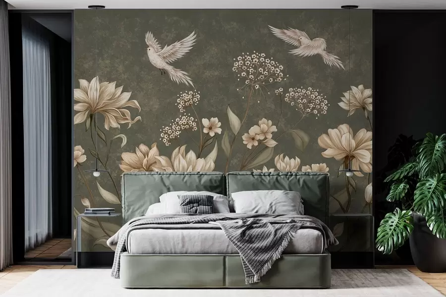 Fotobehang Bloemen en vogels op een donkergroene achtergrond w05118v3