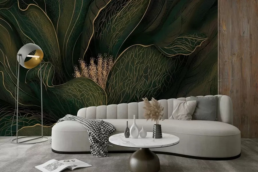 Fotobehang Donkergroene abstracte bloem met fijne lijndetails w05119v1