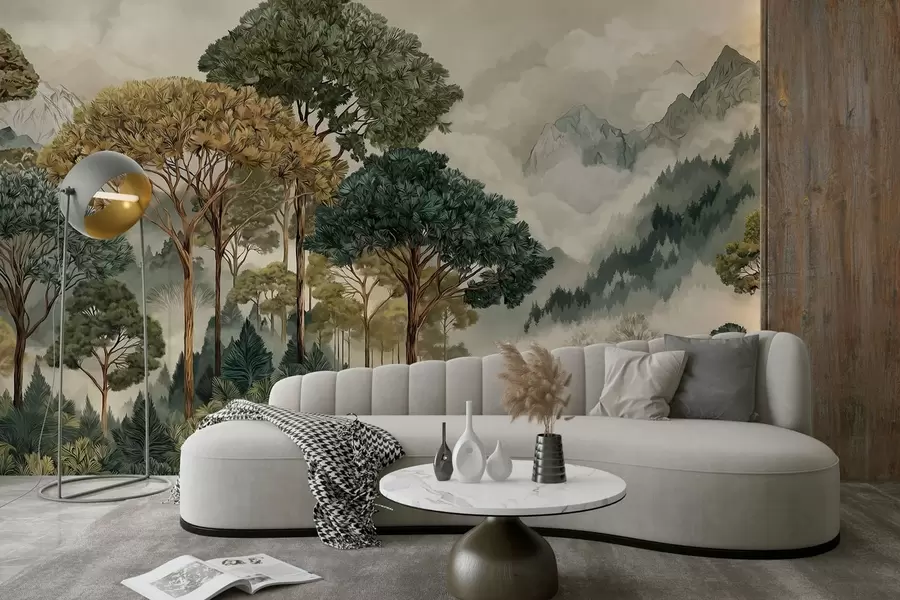 Fotobehang Bos met hoge bomen in mistige bergen w05410