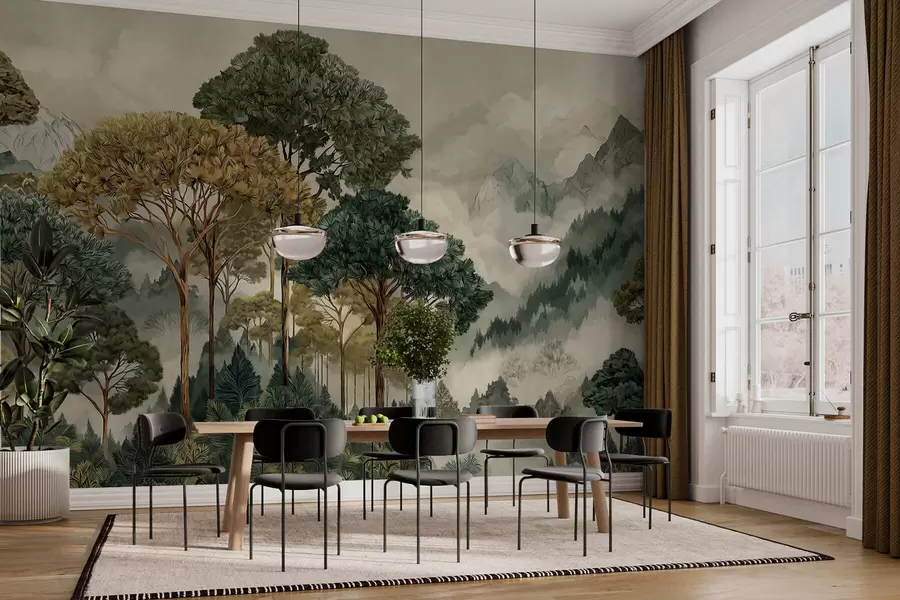 Fotobehang Bos met hoge bomen in mistige bergen w05410