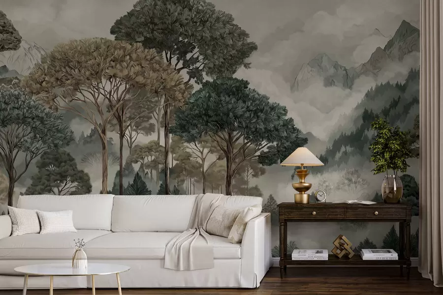 Fotobehang Berglandschap met bos in zachte tinten w05410v1