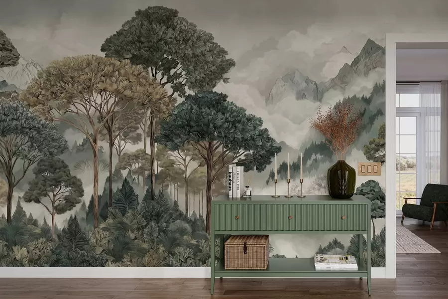 Fotobehang Berglandschap met bos in zachte tinten w05410v1