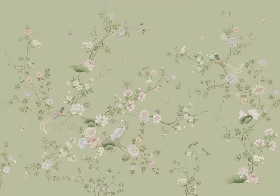 Fotobehang Bloeiende takken met vogels op lichtgroen w05416
