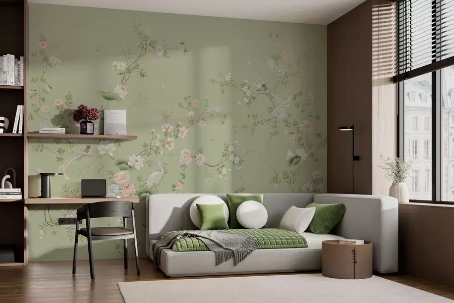 Fotobehang Bloeiende takken met vogels op lichtgroen w05416