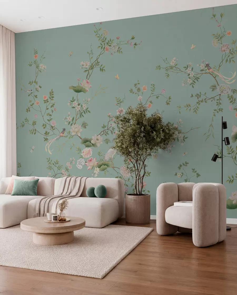 Fotobehang Zangvogels op blauwgroen w05416v1