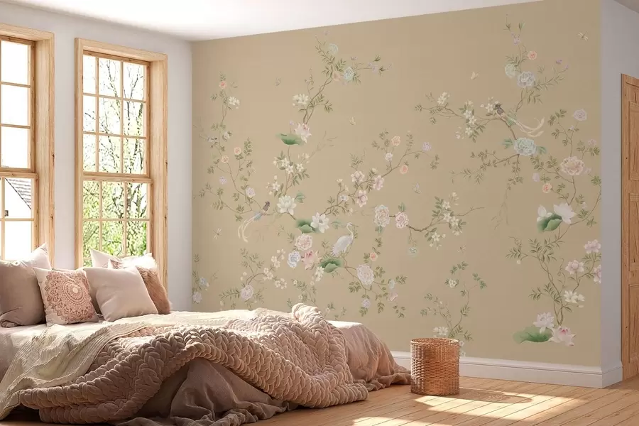 Fotobehang Bloeiende takken met vogels op warm beige w05416v2