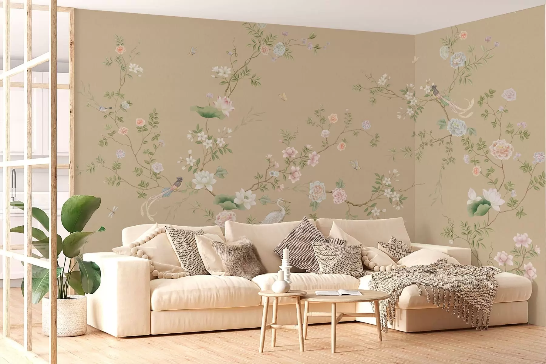 Fotobehang Bloeiende takken met vogels op warm beige w05416v2