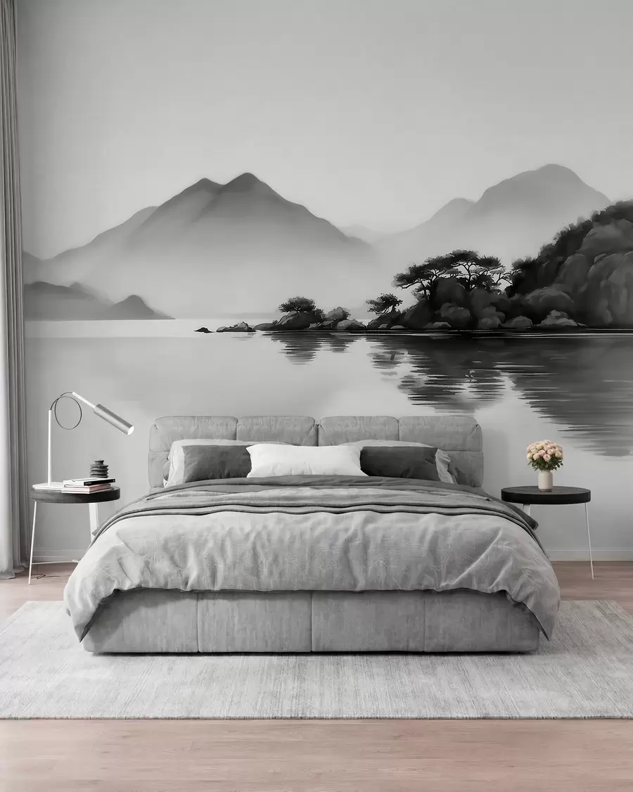 Fotobehang Zwart-wit landschap met bergen en een meer in een lichte mist w09803