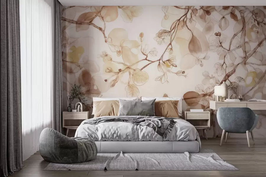 Fotobehang Luchtige, hangende takken in beige tinten in aquarelstijl w09795