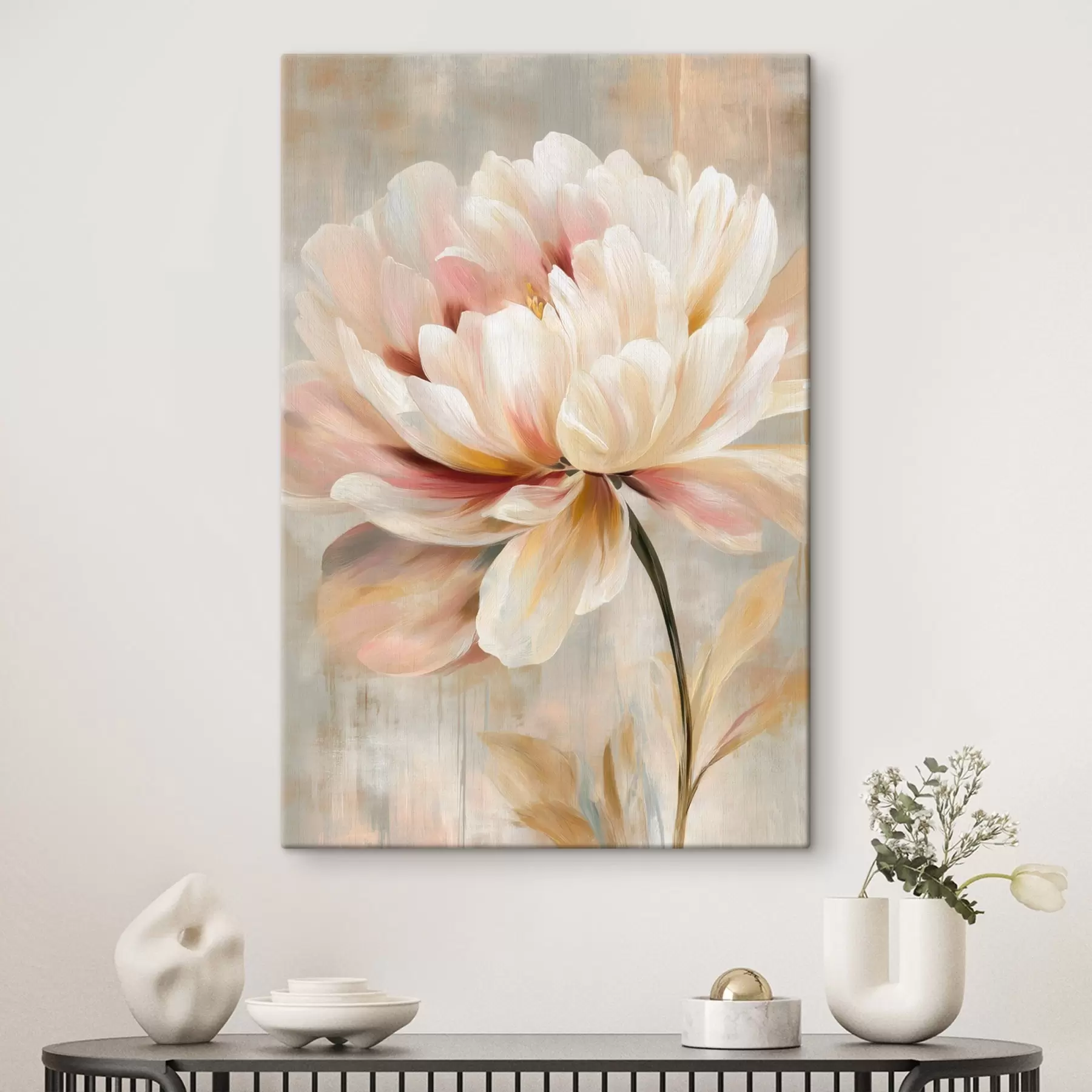  Schilderijen Een delicate pioenroos in pasteltinten, geschilderd in olieverfstijl s48183