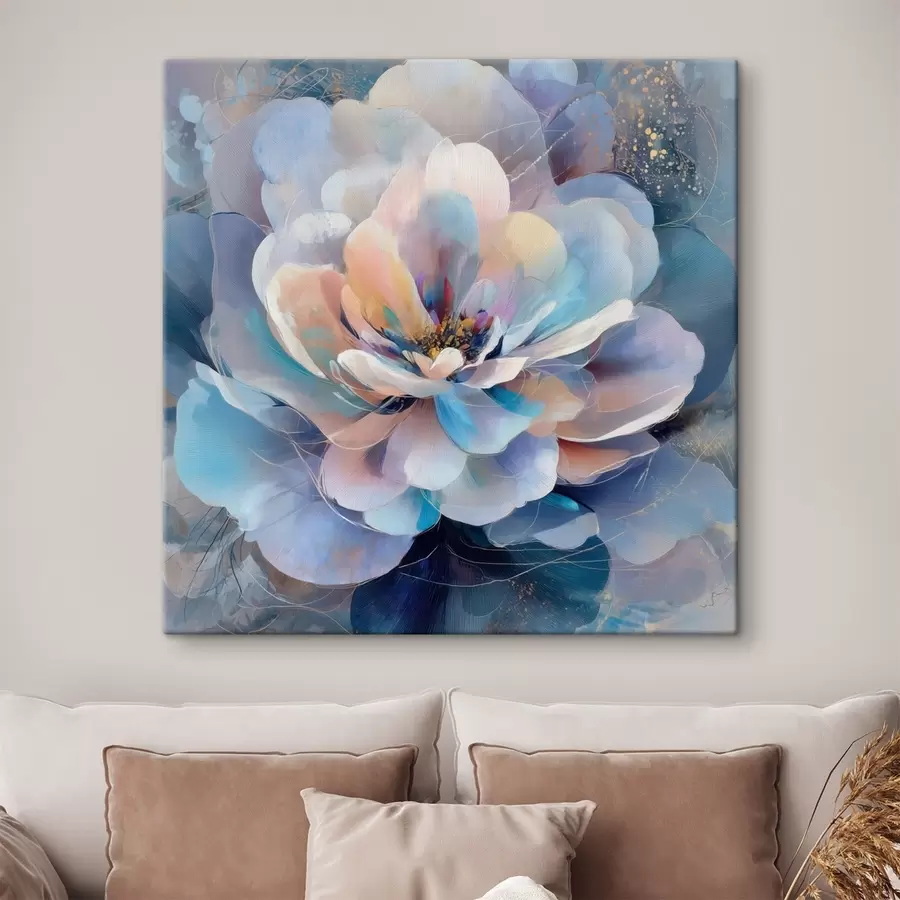  Schilderijen Abstracte bloem in roze en blauwe tinten, uitgevoerd in een eigentijdse schilderstijl s48185