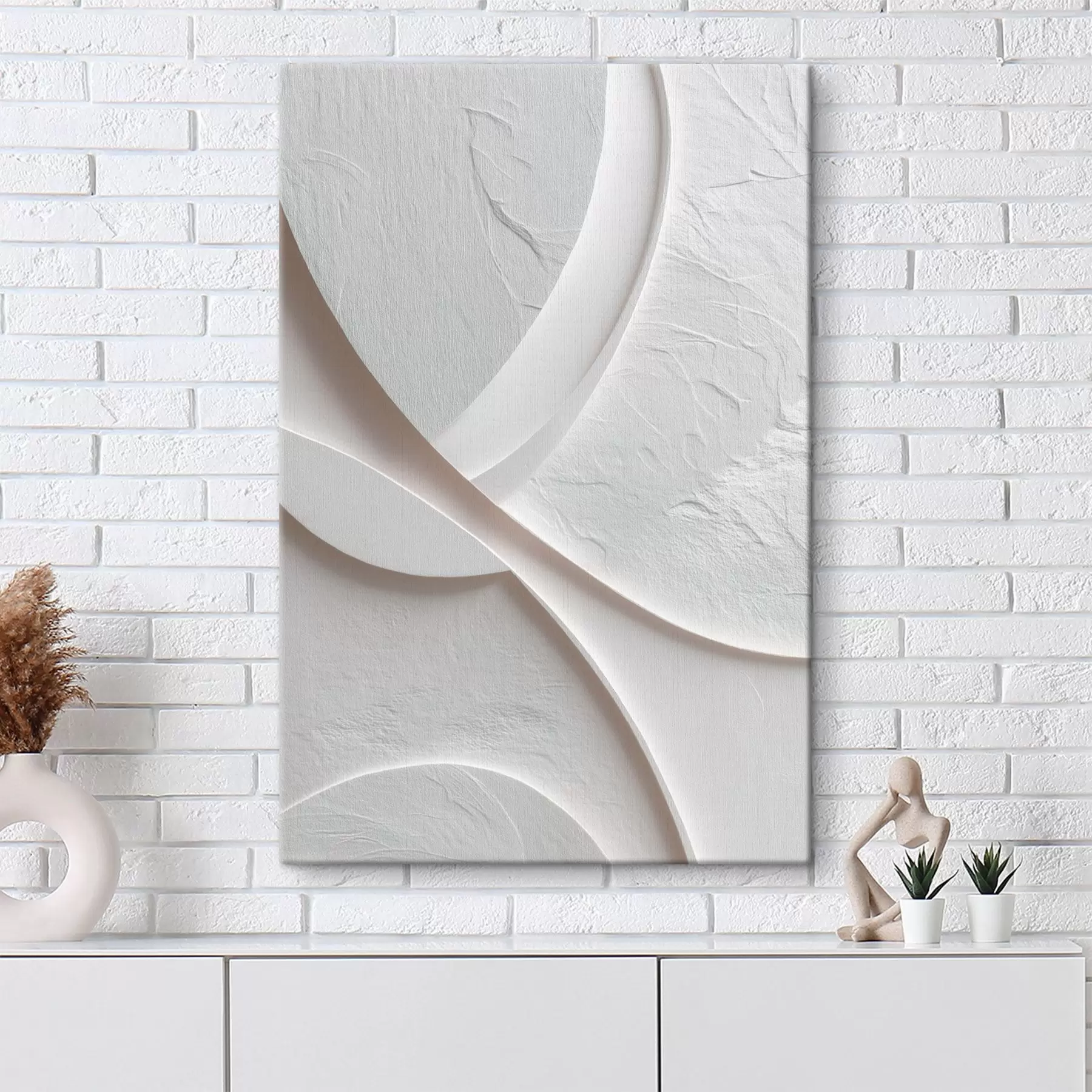  Schilderijen Decoratief paneel met vloeiende lijnen en een steenstructuur op een lichte achtergrond s48192