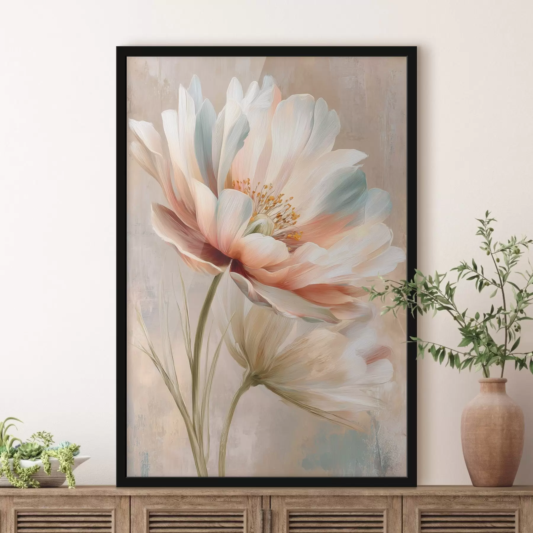 Fotobehang Verfijnde pioenrozen in een beige en koraalkleurig palet, in de stijl van een olieverfschilderij f48184