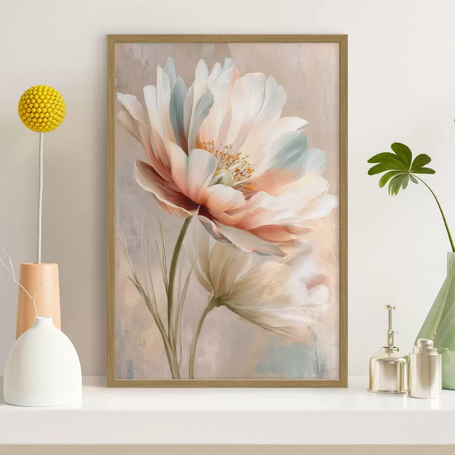 Fotobehang Verfijnde pioenrozen in een beige en koraalkleurig palet, in de stijl van een olieverfschilderij f48184