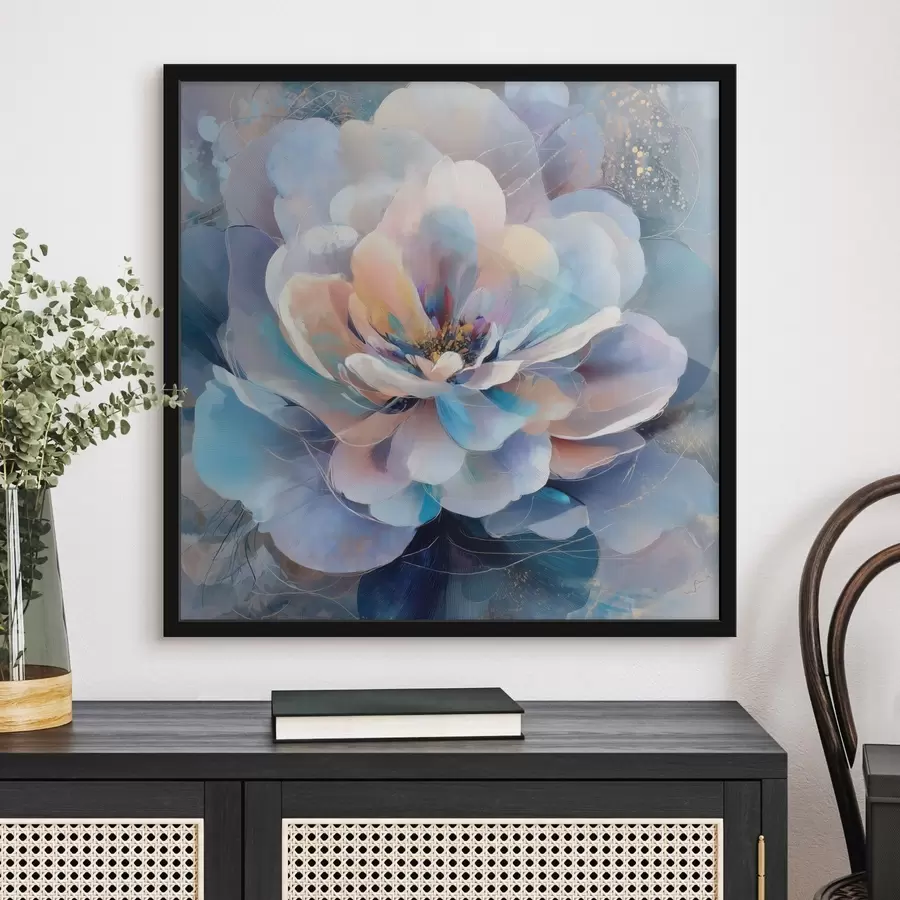 Fotobehang Abstracte bloem in roze en blauwe tinten, uitgevoerd in een eigentijdse schilderstijl f48185