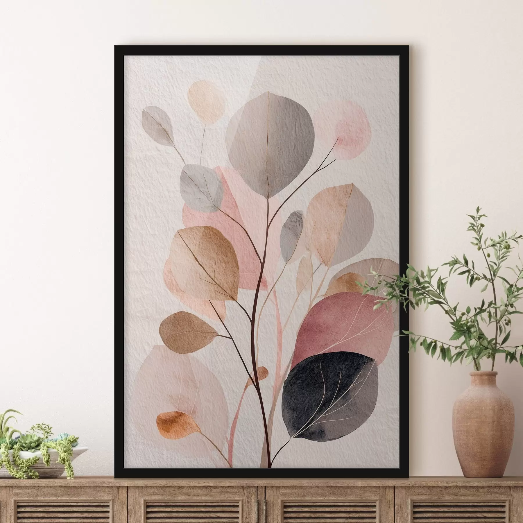 Fotobehang Abstracte tak met ronde bladeren in warme beige- en koraaltinten f48187