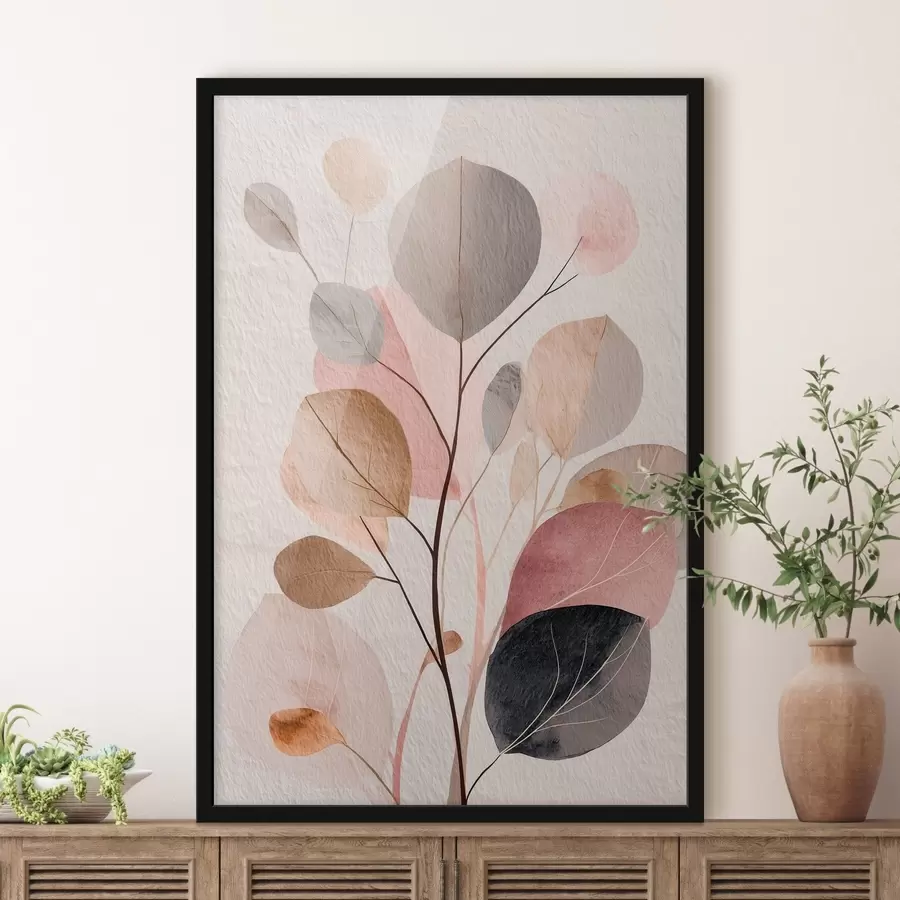 Fotobehang Abstracte tak met ronde bladeren in warme beige- en koraaltinten f48187