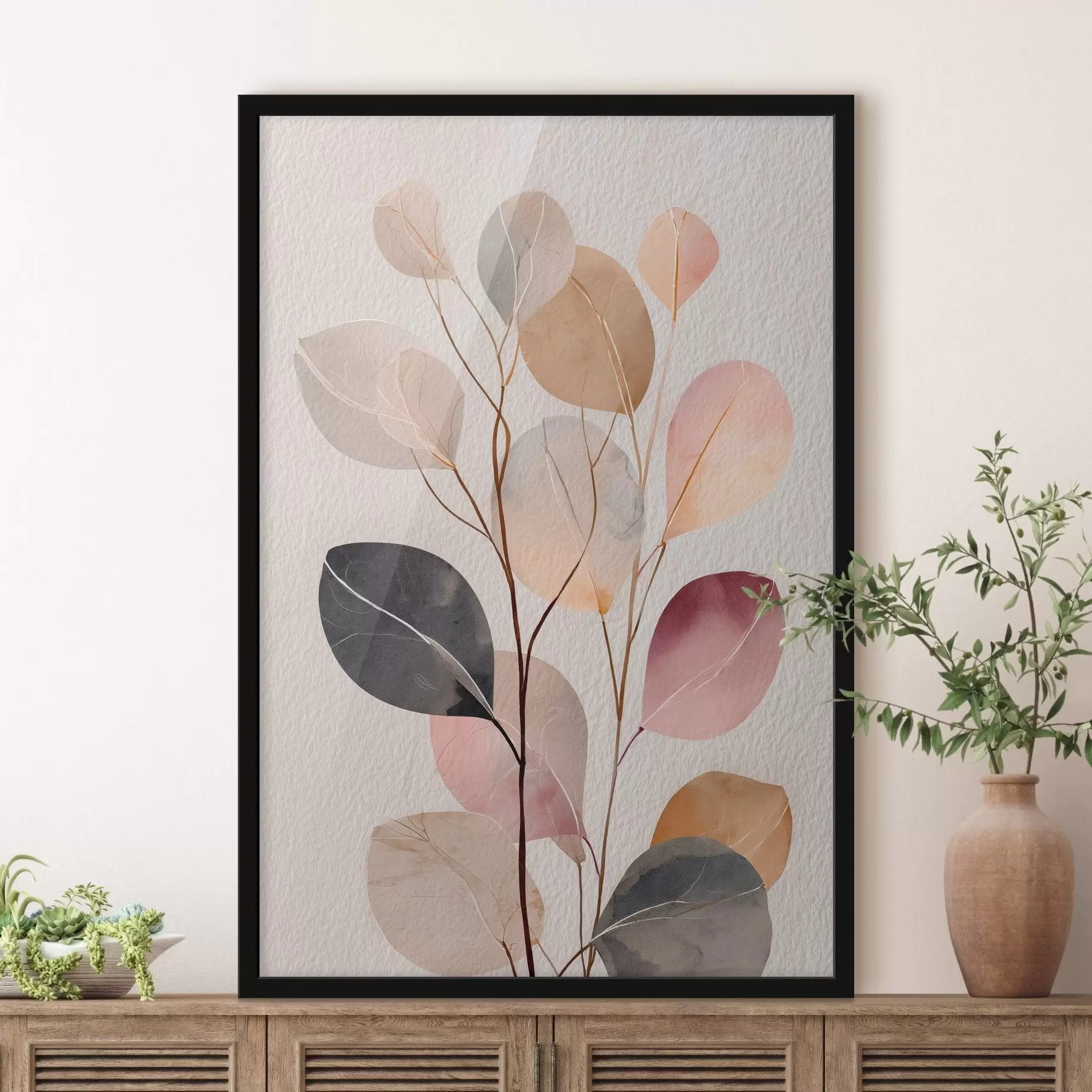 Fotobehang Abstracte tak in beige- en koraaltinten in aquarelstijl f48188