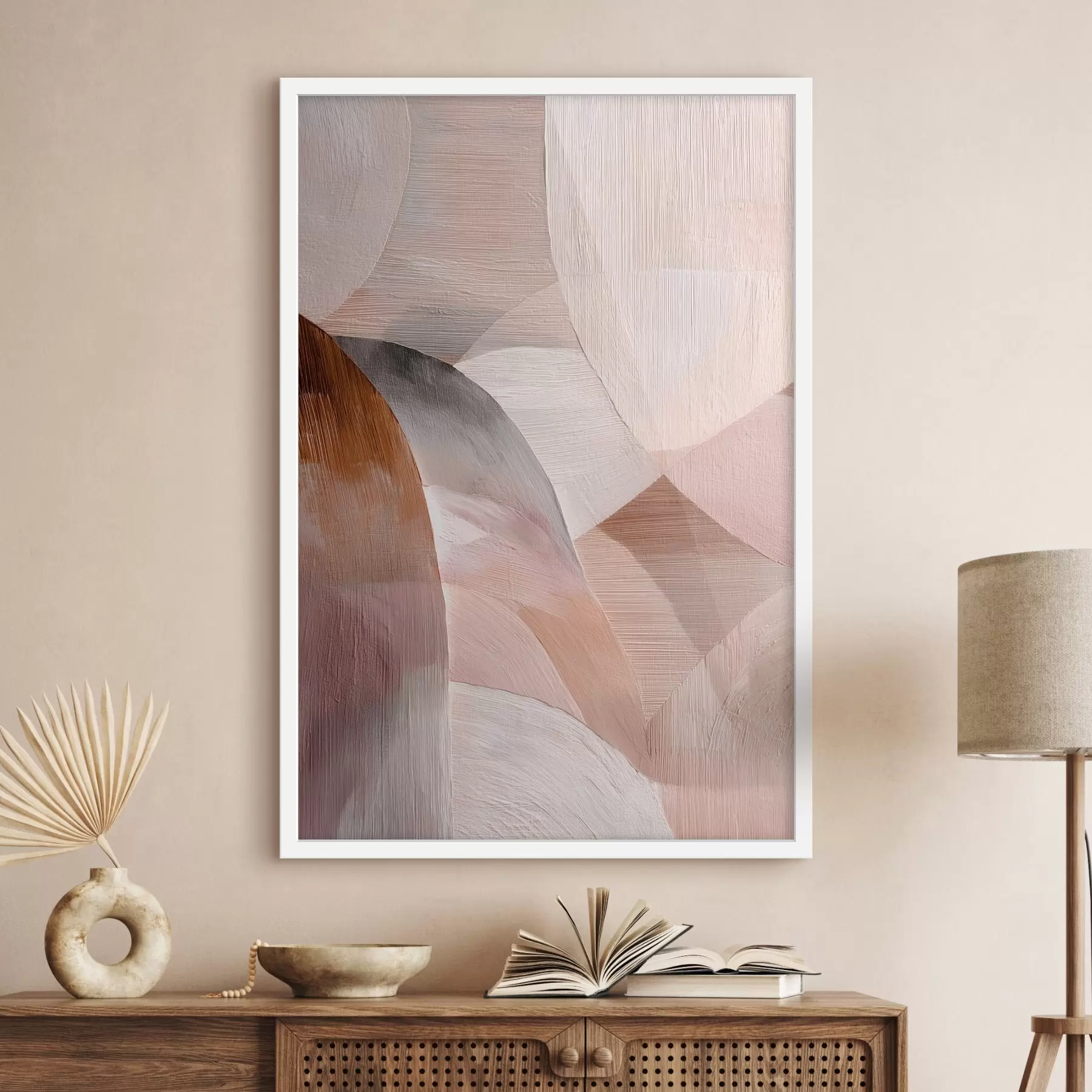 Fotobehang Geometrische abstractie in een warm perzikkleurig palet in de stijl van een kunstposter f48189