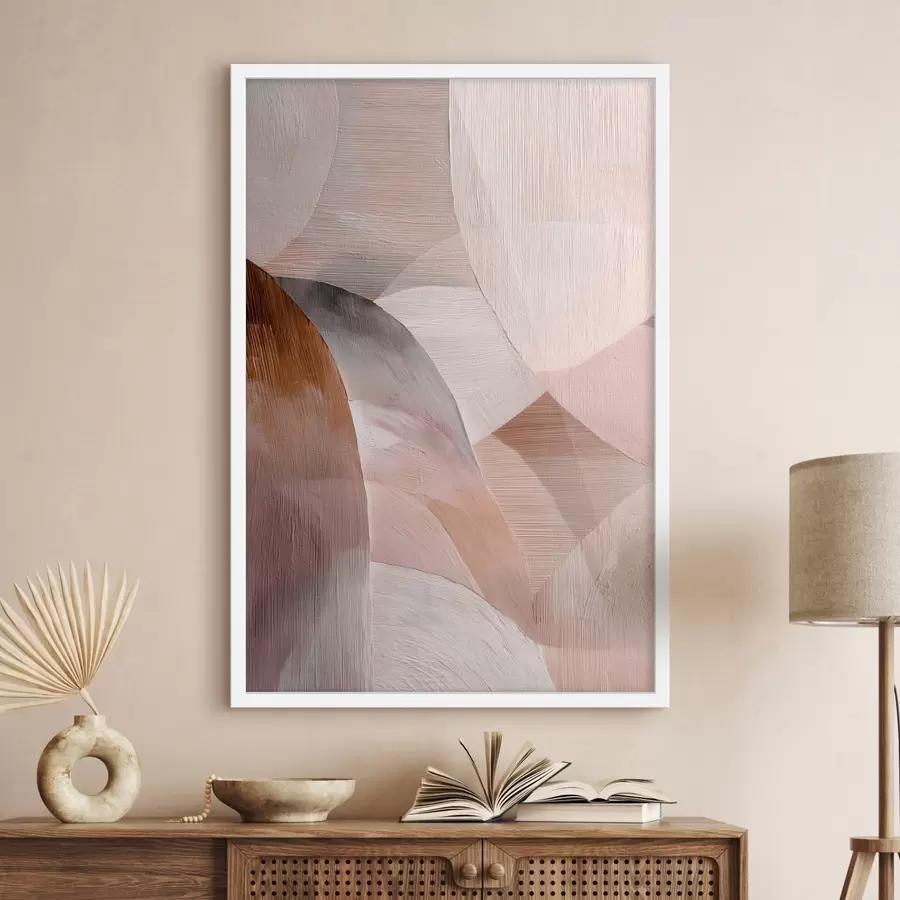 Fotobehang Geometrische abstractie in een warm perzikkleurig palet in de stijl van een kunstposter f48189