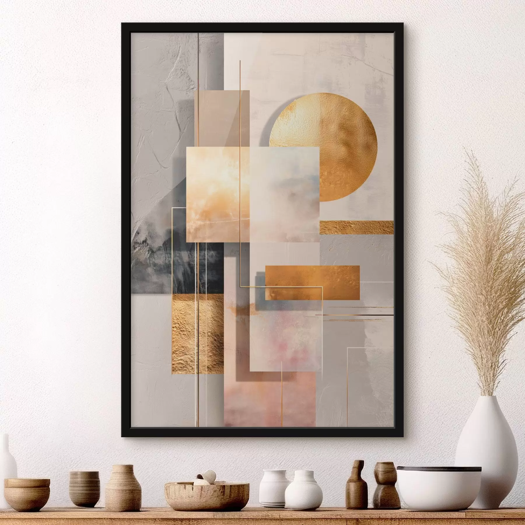 Fotobehang Decoratieve compositie met rechthoeken en een cirkel in warme beige- en bruintinten f48196