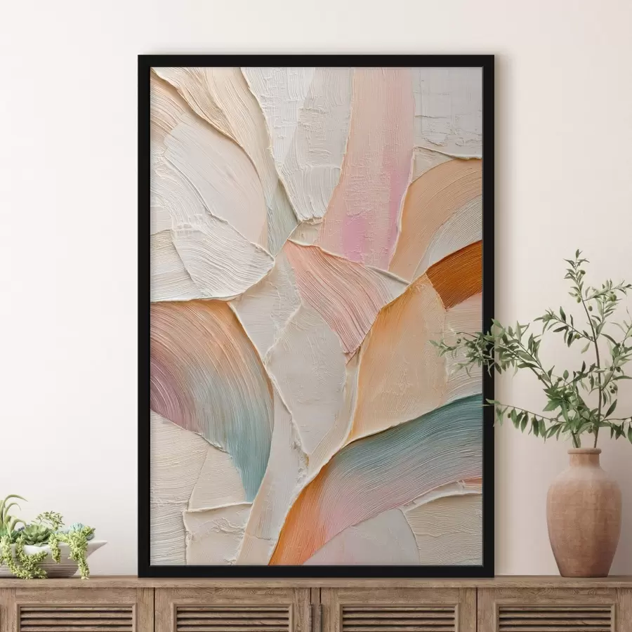 Fotobehang Een abstracte achtergrond met dynamische penseelstreken in perzik- en blauwtinten f48202