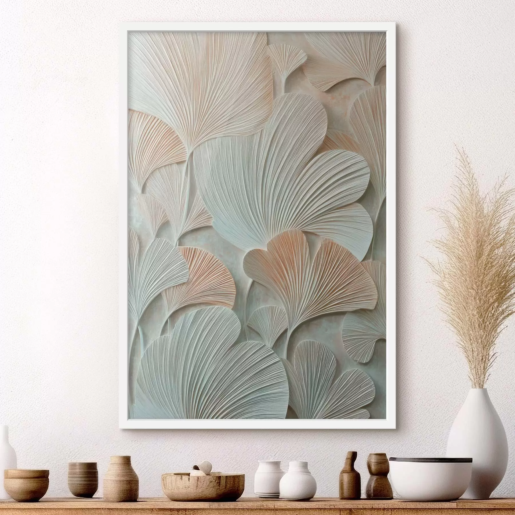 Fotobehang Gestileerde ginkgo biloba-bladeren met een volumineuze textuur in pasteltinten f48209