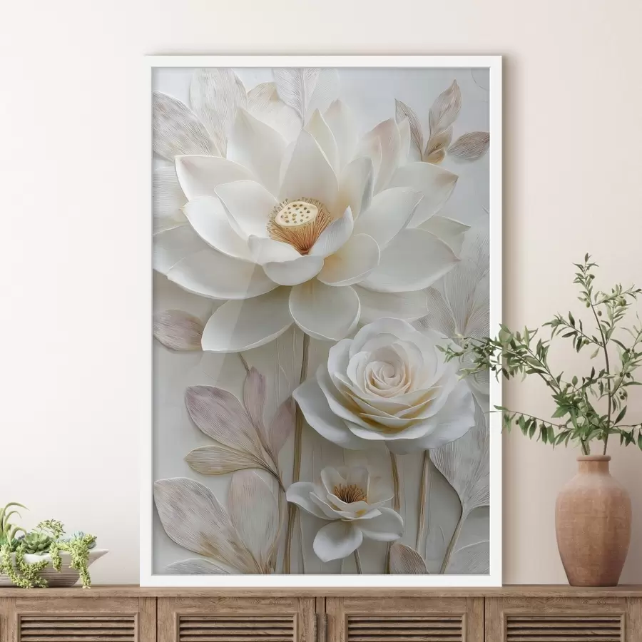Fotobehang Lotus- en rozenbloemen in lichte crèmekleurige tinten in olieverfstijl f48214