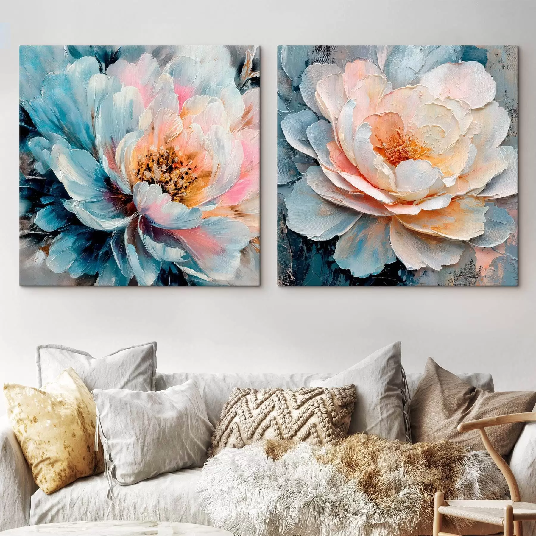  Schilderijen Abstracte bloemcompositie in een roze en blauw kleurenpalet met bloemblaadjes met textuur m30148