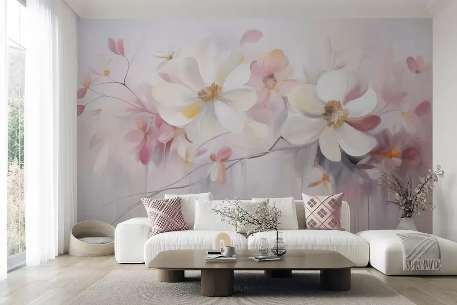Fotobehang Witte en roze bloemen met delicate bloemblaadjes, kunst met textuur, abstract, zachte achtergrond w09811