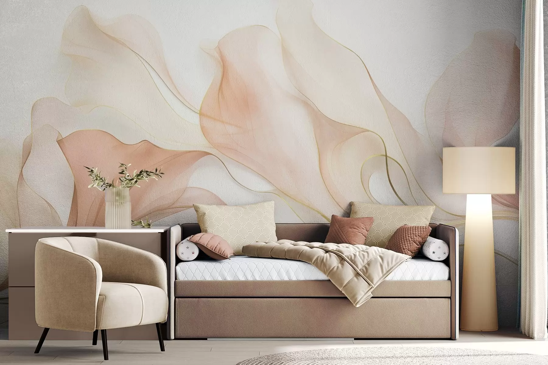Fotobehang Een abstracte, vloeiende textuur in perzik- en crèmekleurige tinten met delicate lijnen w09815